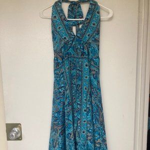 Womens Blue Paisley silky halter handkerchief dress OS